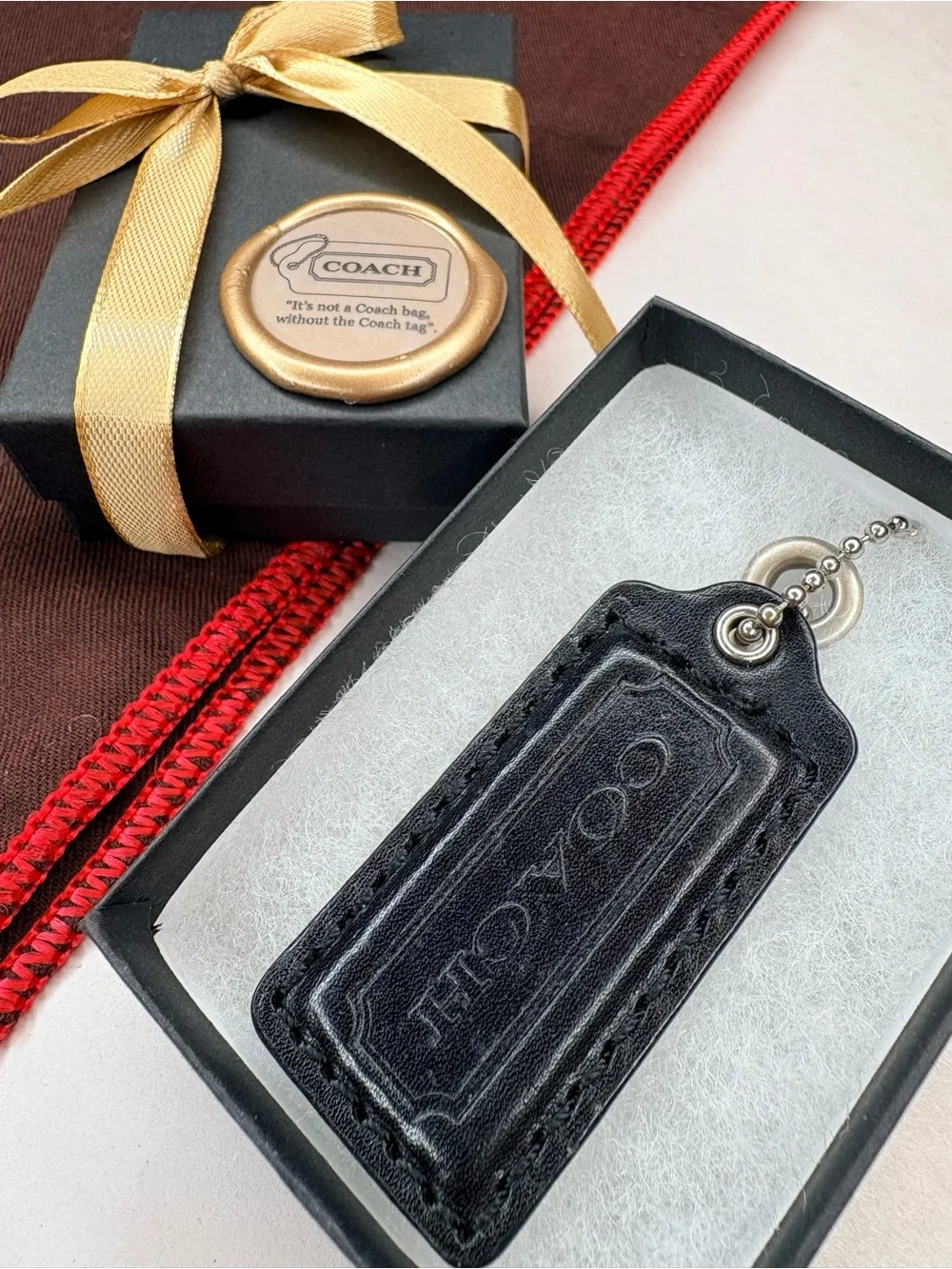 Y2K 2.5” Coach Black Leather Vintage Leather Hang Tag Bag Charm Replacement Fob